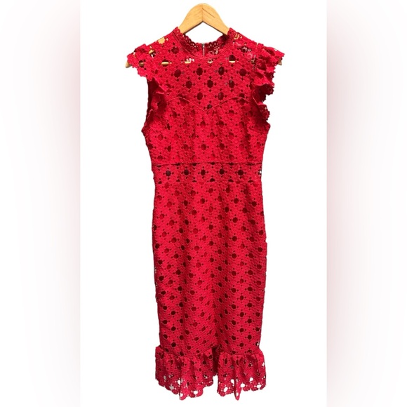 Chelsea Paris Dresses & Skirts - Chelsea All Lace Mock Neck, Red Midi Dress, Ruffle Hem size M